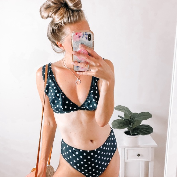 Retro Navy White Polka Dot High Waist Bikini - Picture 2 of 4